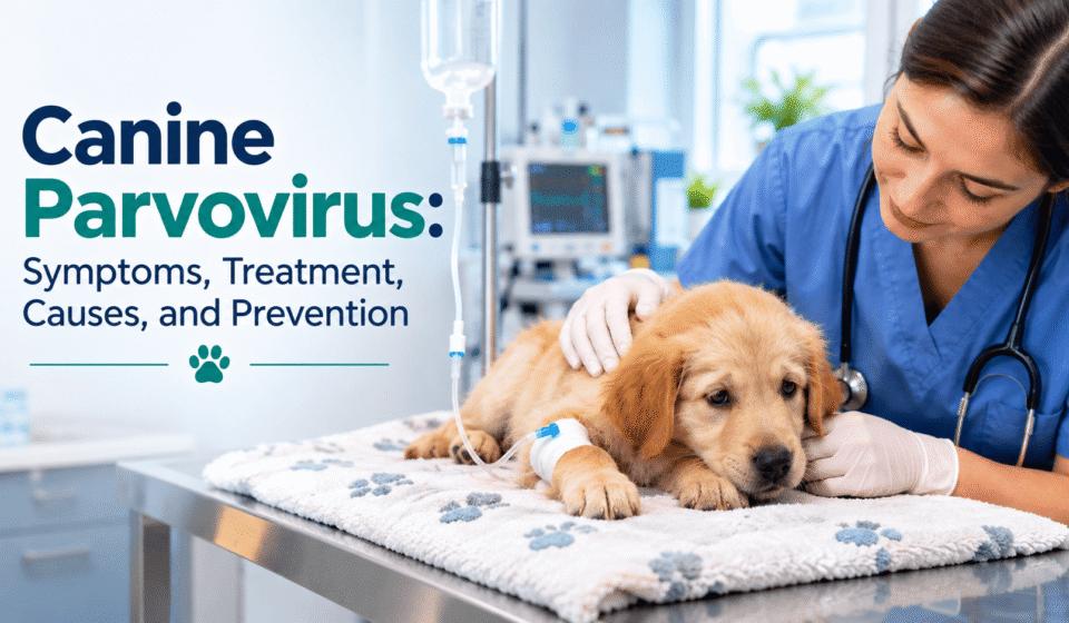 Veterinarian caring for a puppy with canine parvovirus