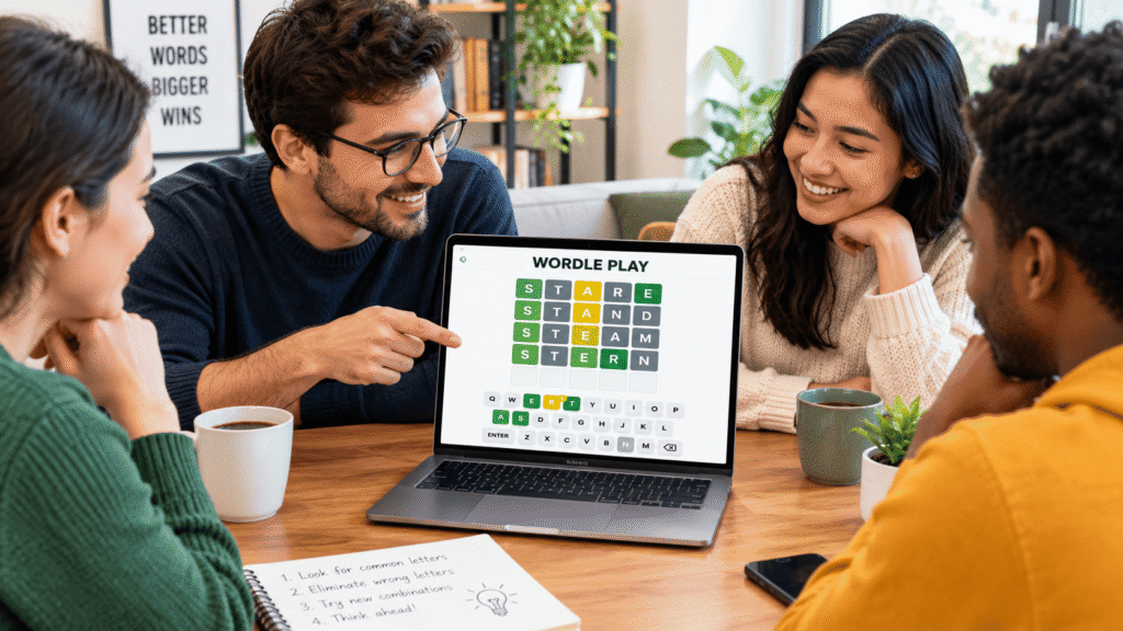 Friends playing a Wordle-style word puzzle game together on a laptop, guessing five-letter words using green, yellow, and gray tiles