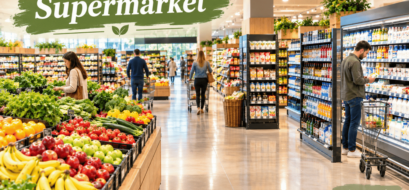 Modern supermarket interior with fresh fruits, vegetables, organized grocery aisles, packaged foods, and household essentials