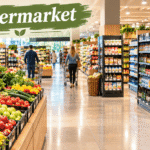 Modern supermarket interior with fresh fruits, vegetables, organized grocery aisles, packaged foods, and household essentials