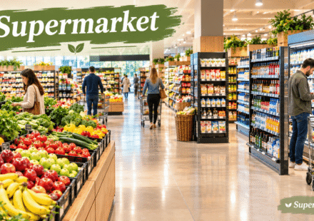 Modern supermarket interior with fresh fruits, vegetables, organized grocery aisles, packaged foods, and household essentials