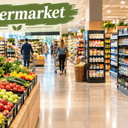 Modern supermarket interior with fresh fruits, vegetables, organized grocery aisles, packaged foods, and household essentials