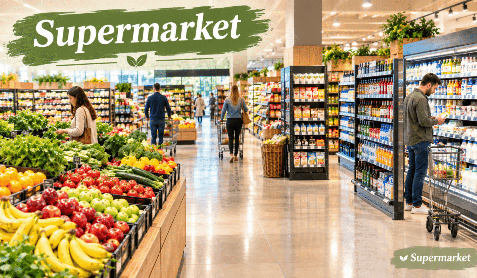 Modern supermarket interior with fresh fruits, vegetables, organized grocery aisles, packaged foods, and household essentials
