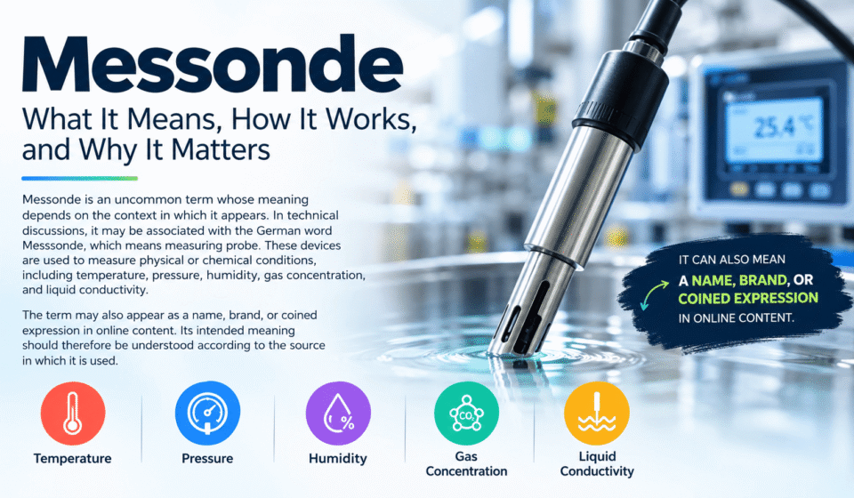 Messonde infographic explaining the meaning of the term and its connection to measuring probes used for temperature, pressure, humidity, gas concentration, and liquid conductivity