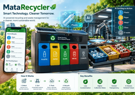 MataRecycler smart recycling system illustrating AI-powered waste identification, smart sensors, automated sorting, and recycling materials