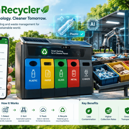 MataRecycler smart recycling system illustrating AI-powered waste identification, smart sensors, automated sorting, and recycling materials