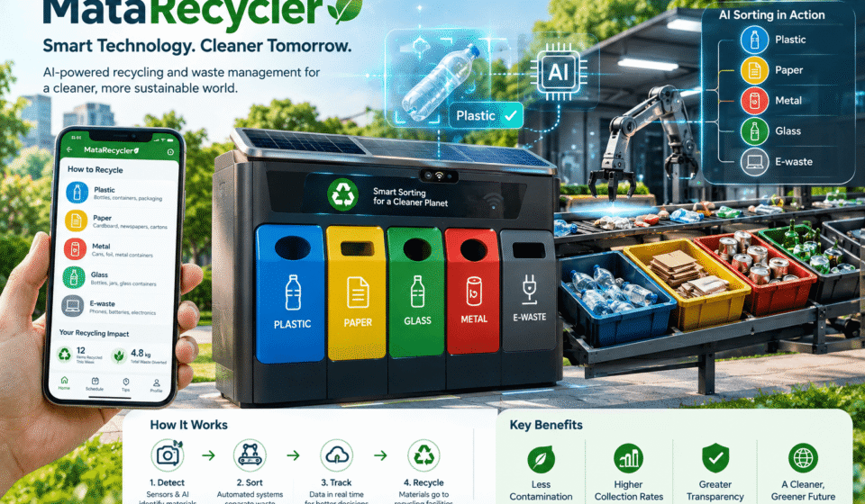 MataRecycler smart recycling system illustrating AI-powered waste identification, smart sensors, automated sorting, and recycling materials