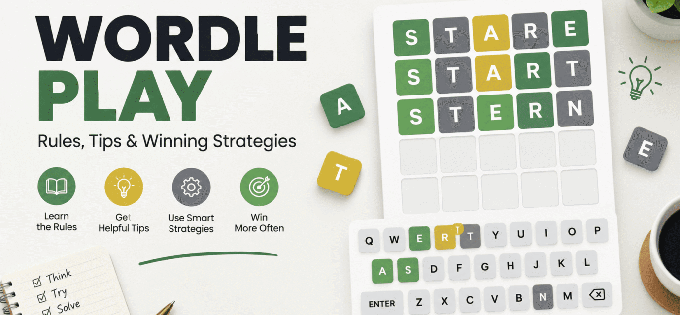 Wordle Play puzzle grid with green, yellow, and gray letter tiles illustrating word guessing tips and winning strategies