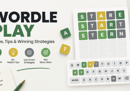 Wordle Play puzzle grid with green, yellow, and gray letter tiles illustrating word guessing tips and winning strategies
