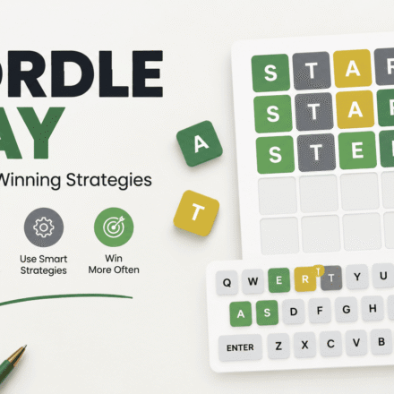 Wordle Play puzzle grid with green, yellow, and gray letter tiles illustrating word guessing tips and winning strategies