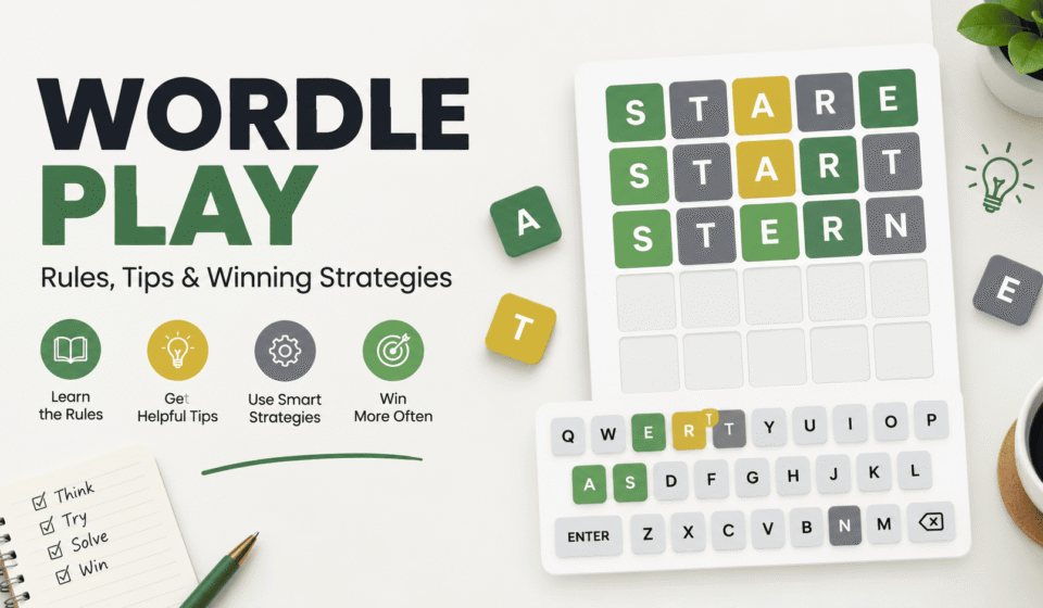 Wordle Play puzzle grid with green, yellow, and gray letter tiles illustrating word guessing tips and winning strategies