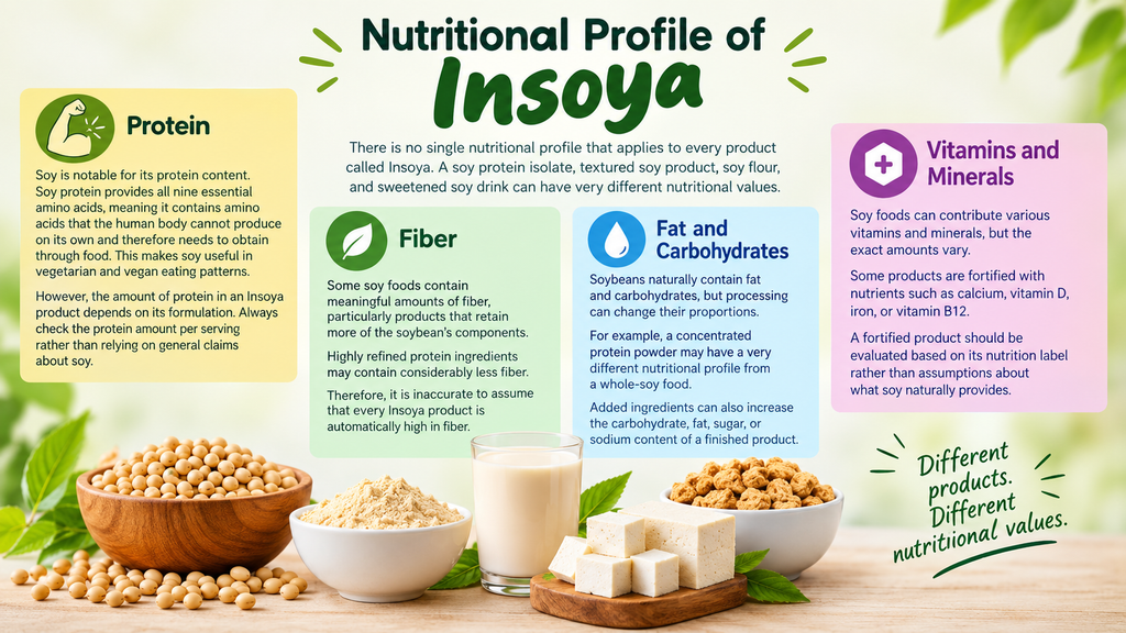 Infographic showing the nutritional profile of Insoya, including protein, fiber, fats, carbohydrates, vitamins, and minerals, with soybeans, soy flour, soy milk, tofu, and textured soy products.