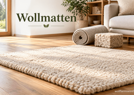 Cream-colored wool mat on a wooden floor with wool felt and insulation samples