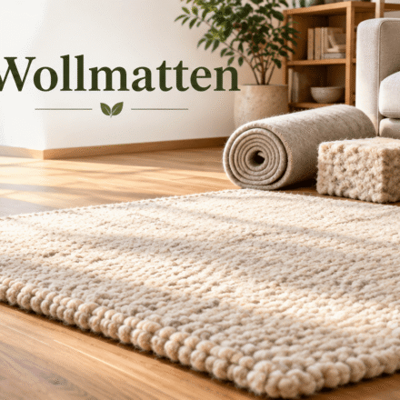 Cream-colored wool mat on a wooden floor with wool felt and insulation samples