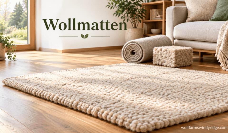 Cream-colored wool mat on a wooden floor with wool felt and insulation samples